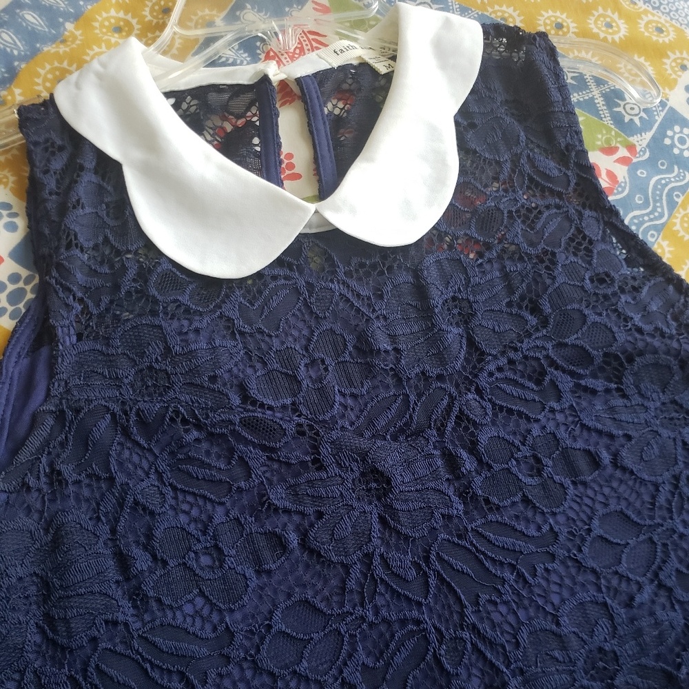 Boutique navy lace collared tank top